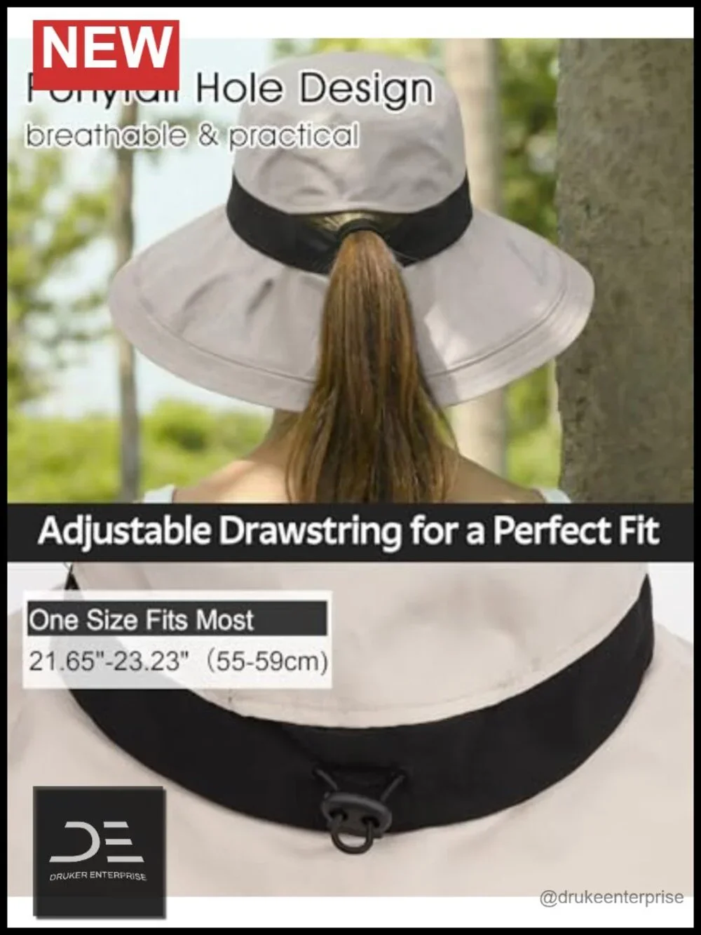 Waterproof Wide Brim Sun Hat with Ponytail Hole, UPF 50+